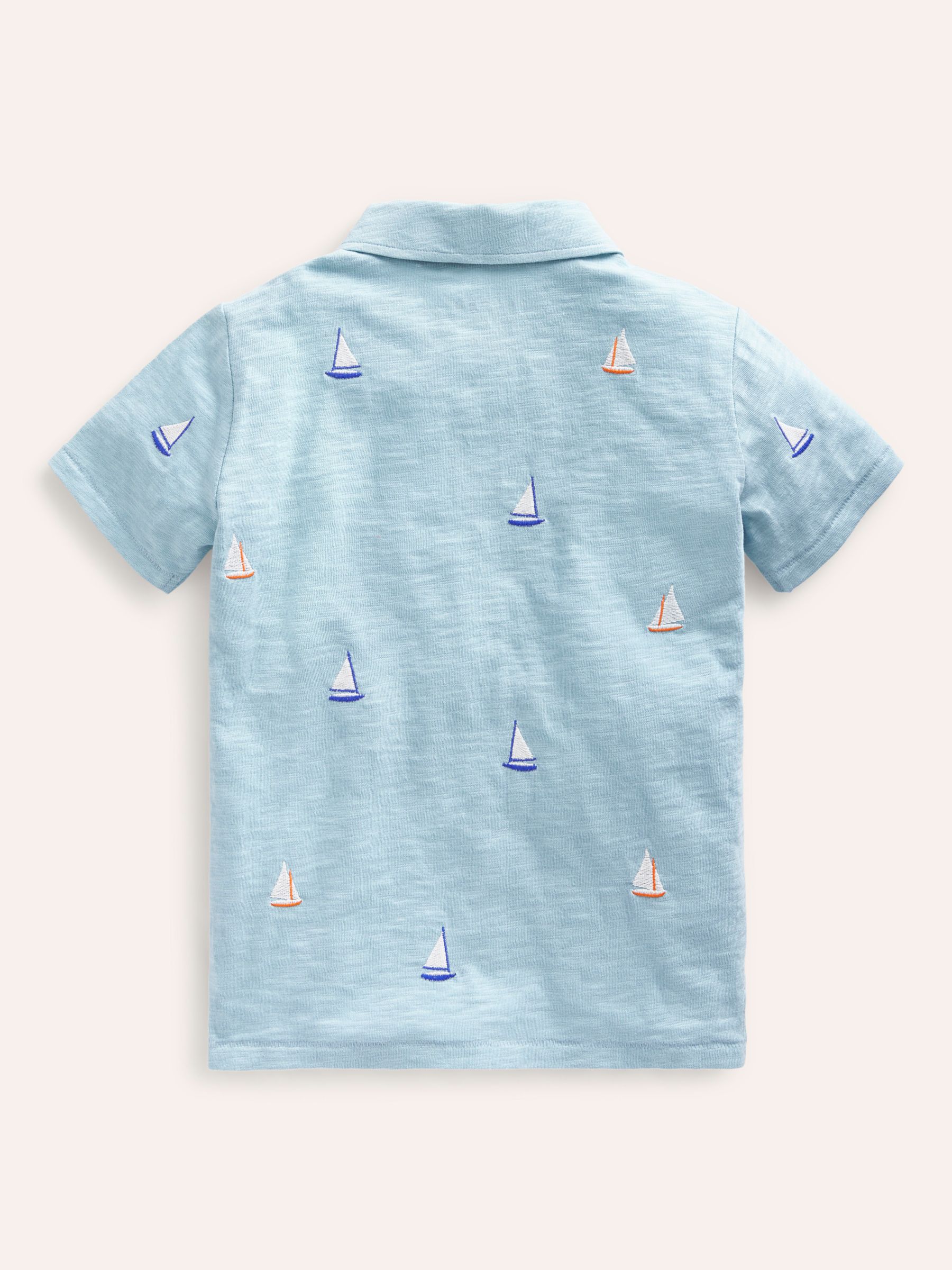 Mini Boden Kids' Sail Boat Embroidered Slub Polo Shirt, Blue/Multi, 12-18 months