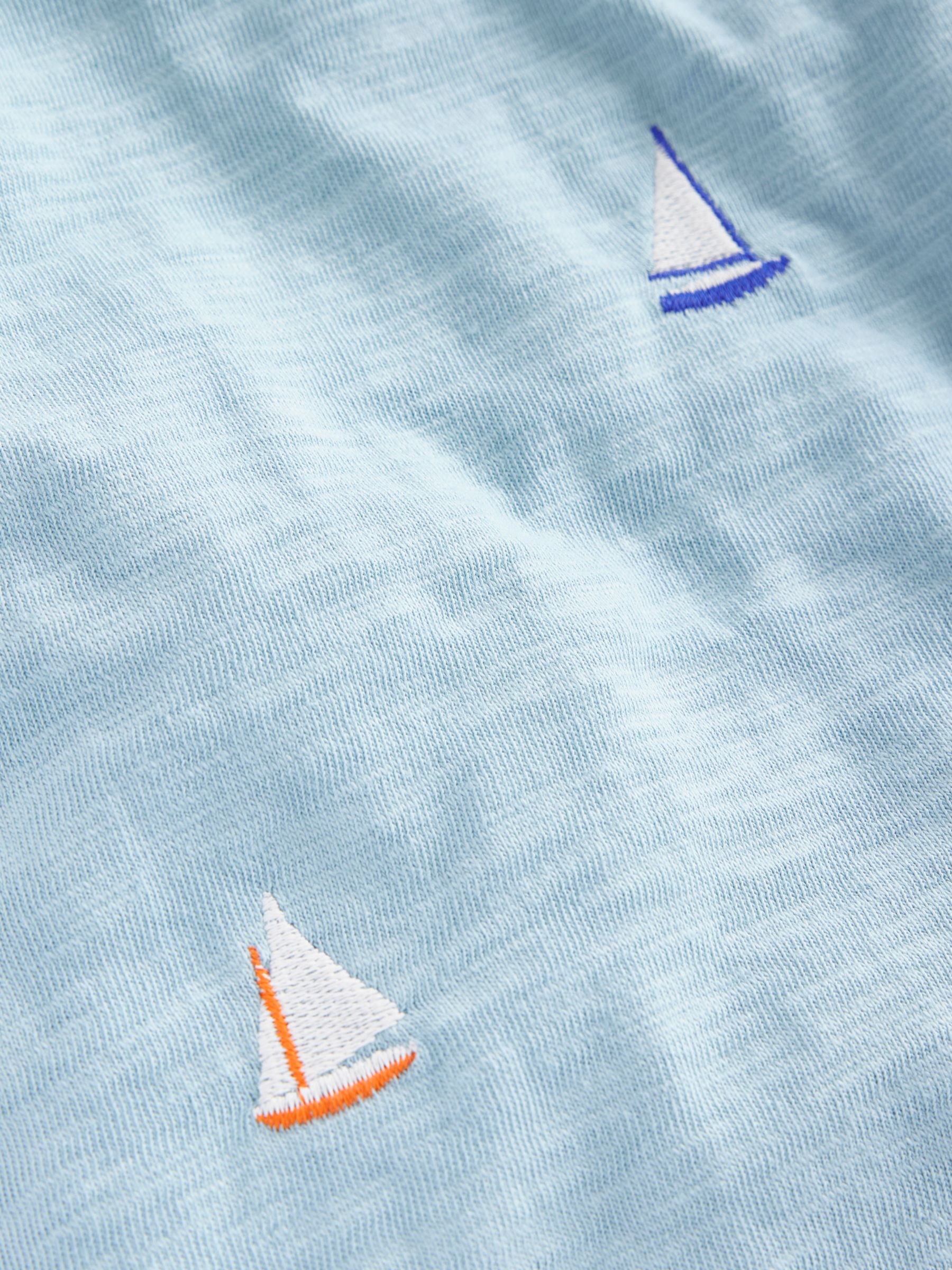 Mini Boden Kids' Sail Boat Embroidered Slub Polo Shirt, Blue/Multi, 12-18 months