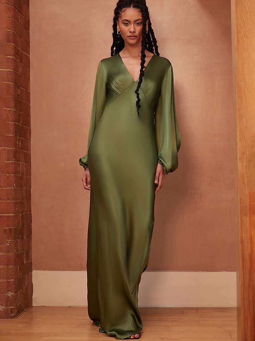 Buy Rewritten Valencia Long Sleeve Bias Cut Satin Maxi Dress, Olive Green Online at johnlewis.com
