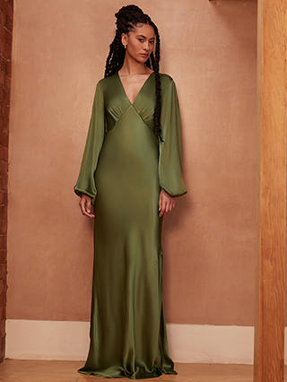 Rewritten Valencia Long Sleeve Bias Cut Satin Maxi Dress, Olive Green