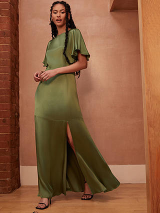Rewritten Sienna Flutter Sleeve Satin Maxi Dress, Olive Green