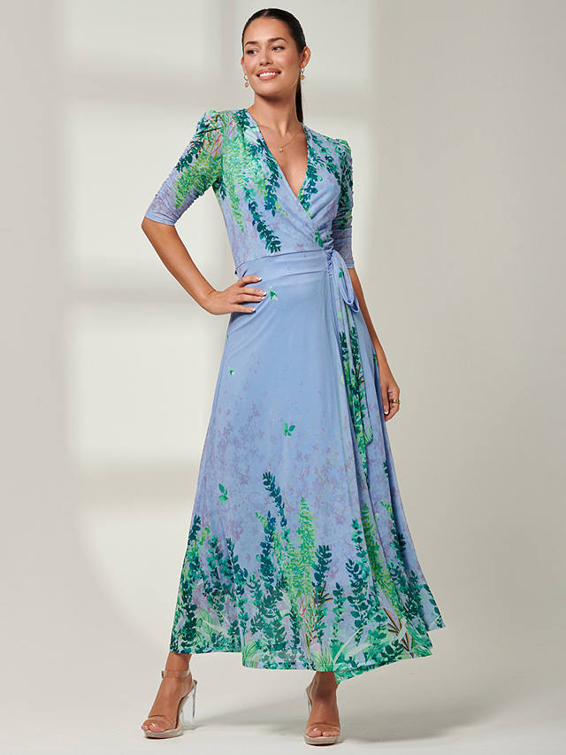 Jolie Moi Kinley Mirrored Leaf Print Maxi Wrap Dress, Blue/Multi