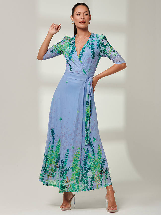 Jolie Moi Kinley Mirrored Leaf Print Maxi Wrap Dress, Blue/Multi