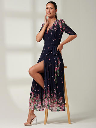 Jolie Moi Elkana Leafy Floral Print Mesh Maxi Dress, Navy/Multi