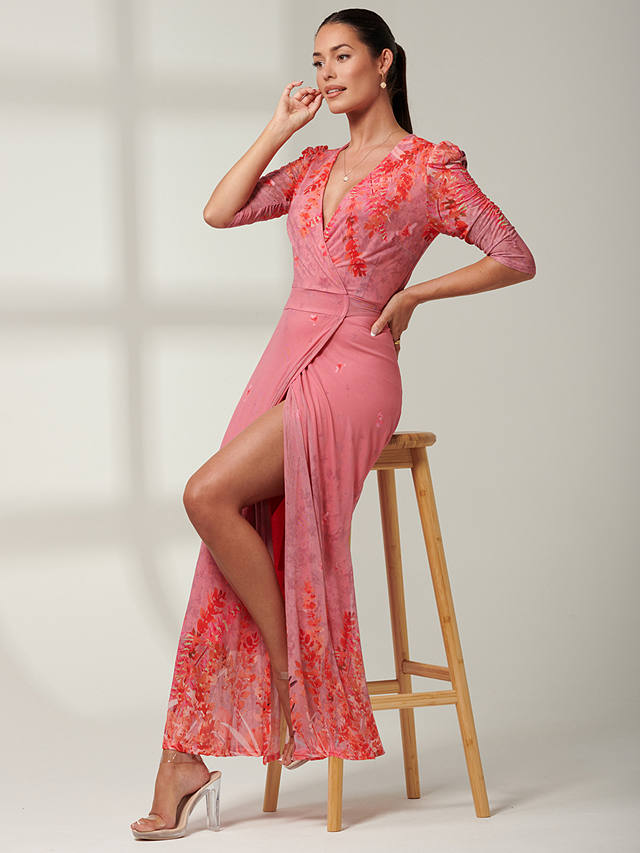 Jolie Moi Kinley Mirrored Leaf Print Maxi Wrap Dress, Pink/Multi