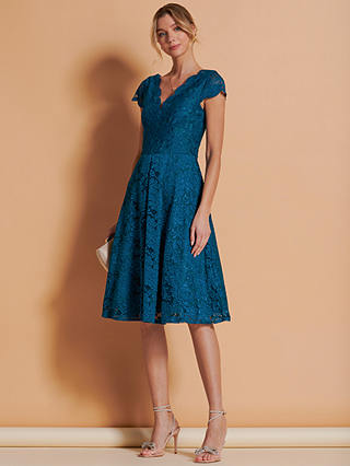 Jolie Moi 1950s Lace Knee Length Dress, Petrol Blue