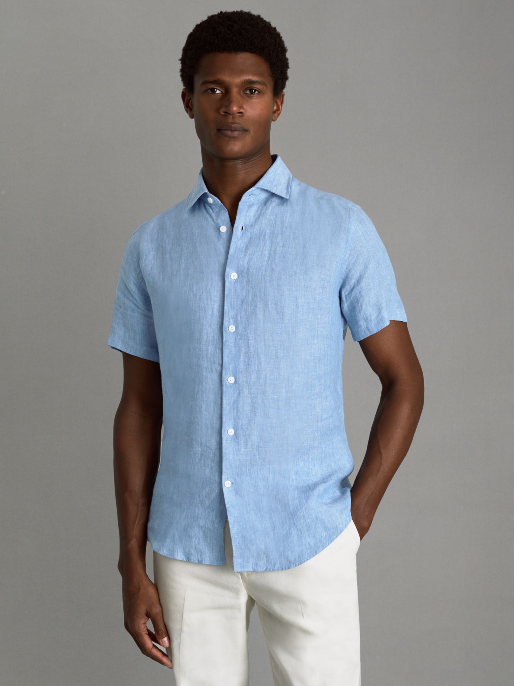Reiss Holiday Linen Regular Fit Shirt, Sky Blue at John Lewis & Partners