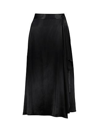 Baukjen Federica Satin Crepe Wrap Midi Skirt, Caviar Black