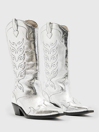 AllSaints Dolly Leather Cowboy Boots, Metallic Silver
