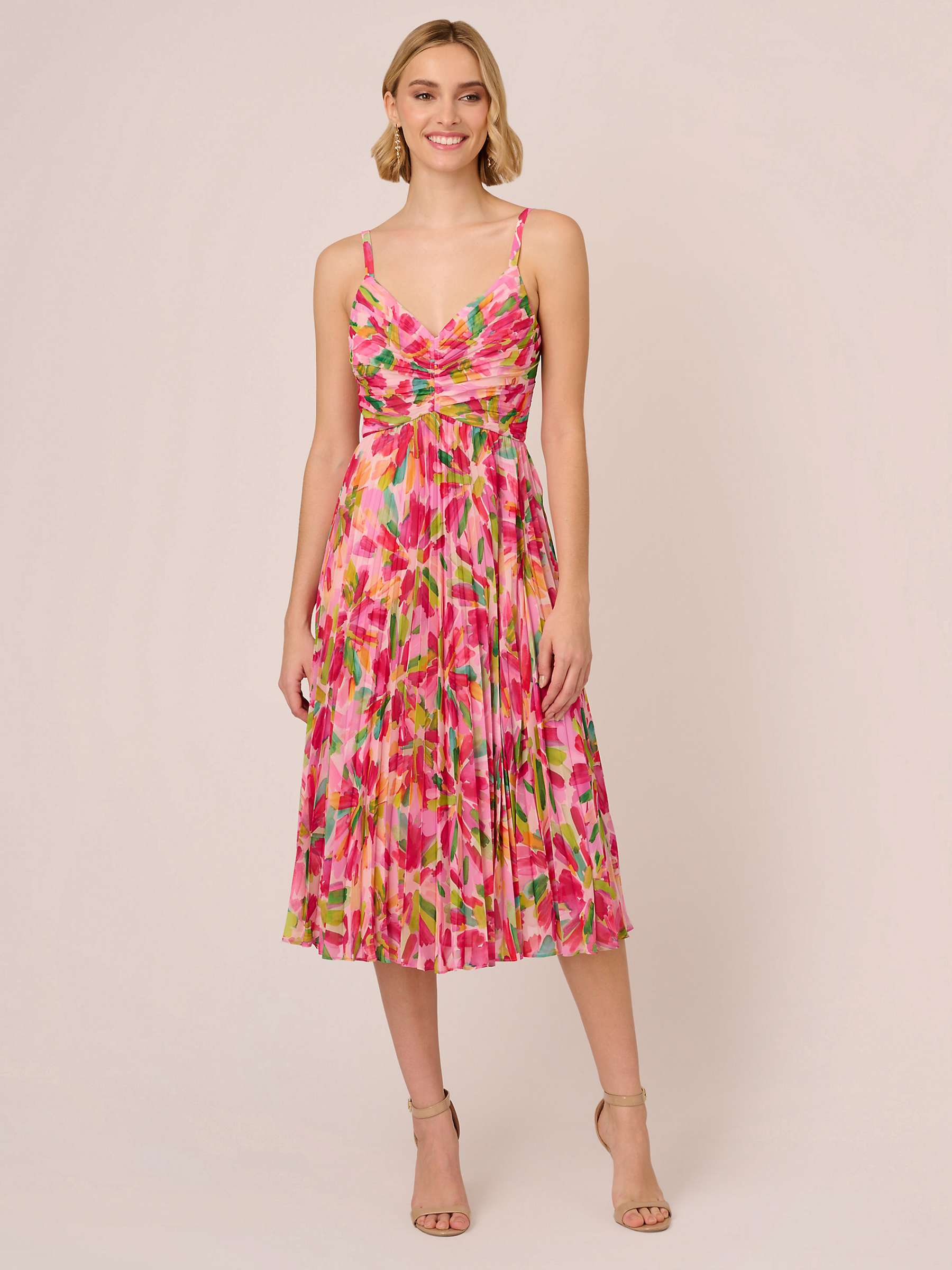 Buy Adrianna Papell Pleated Midi Dress, Pink/Green Multi Online at johnlewis.com