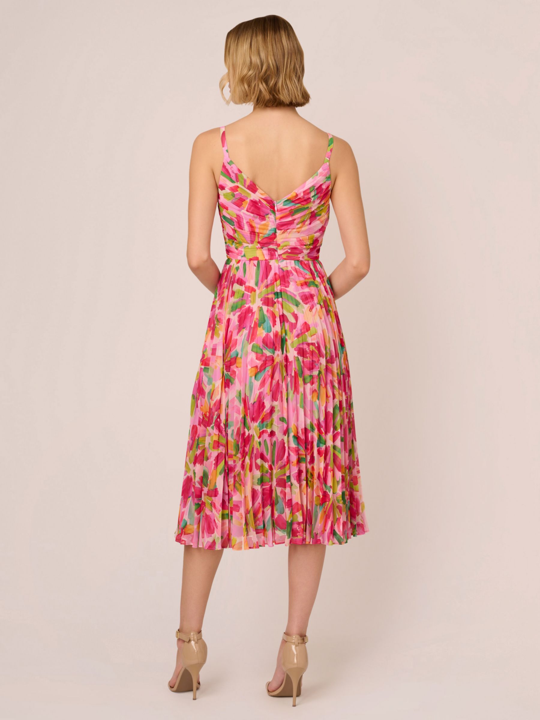 Adrianna Papell Pleated Midi Dress, Pink/Green Multi, 6