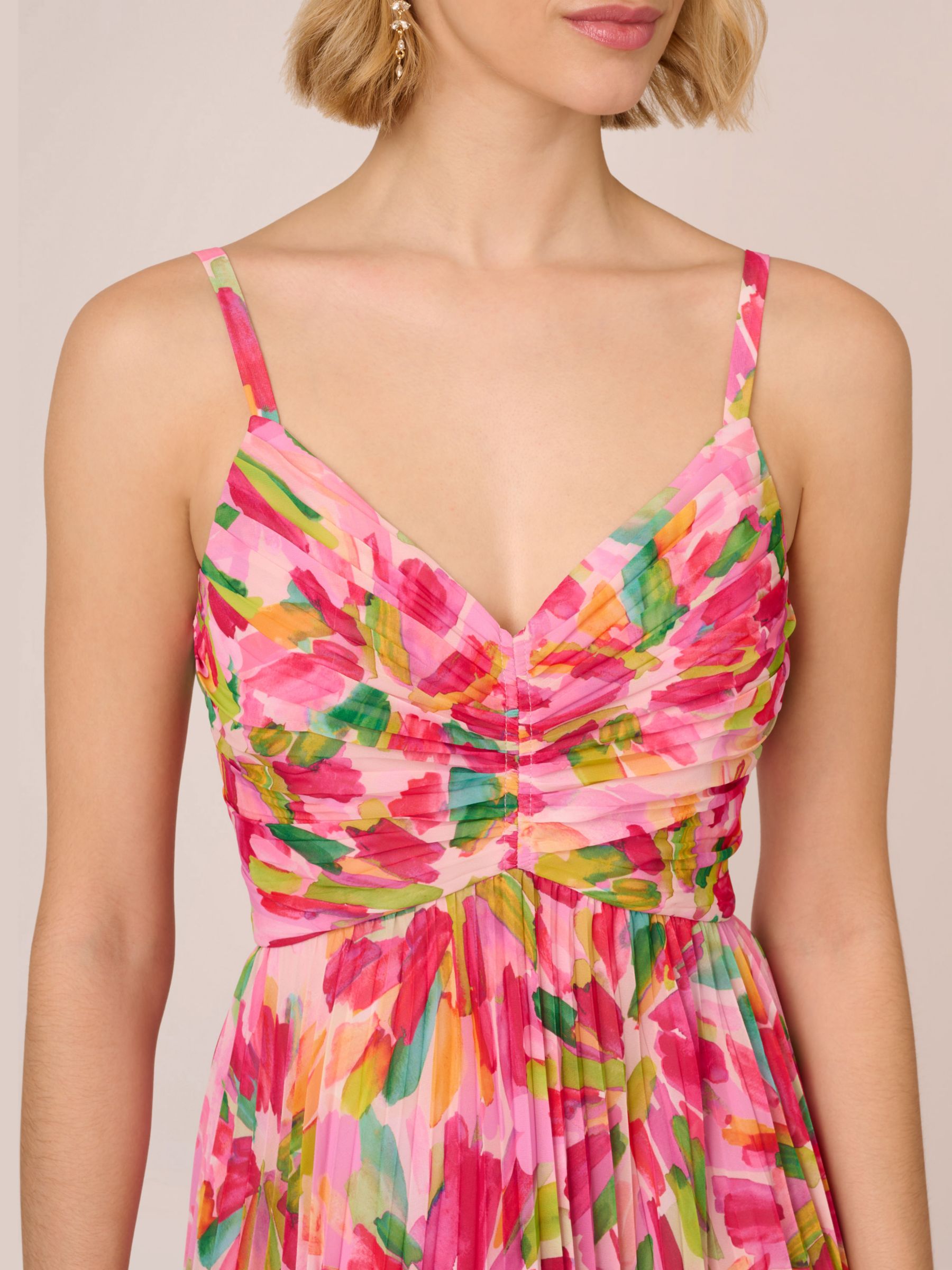 Adrianna Papell Pleated Midi Dress, Pink/Green Multi, 6