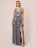 Adrianna Papell Beaded Mesh Shirred Maxi Dress, Dusty Blue/Multi