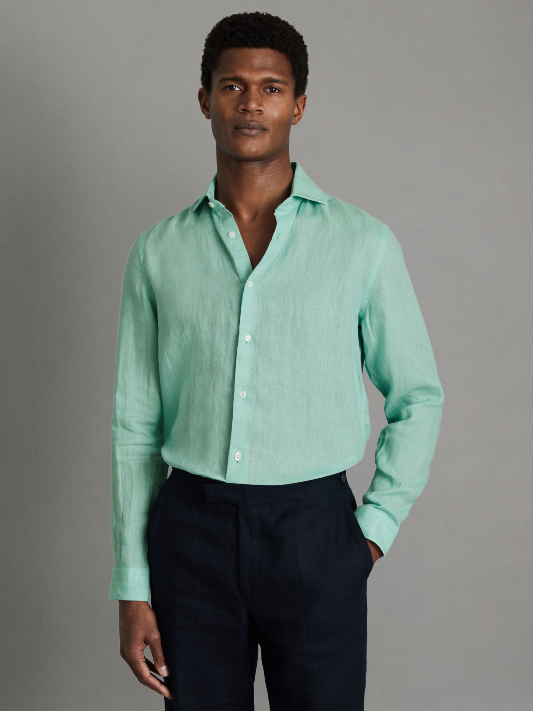 Reiss Ruban Regular Fit Linen Shirt, Bermuda Green, XS