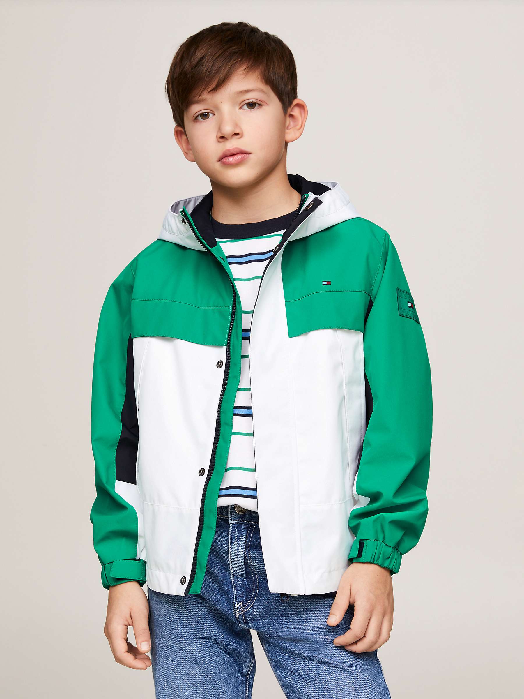 Buy Tommy Hilfiger Kids' Flag Logo Colourblock Hooded Windbreaker Jacket, Olympic Green/White Online at johnlewis.com