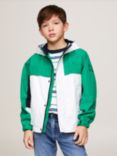 Tommy Hilfiger Kids' Flag Logo Colourblock Hooded Windbreaker Jacket, Olympic Green/White