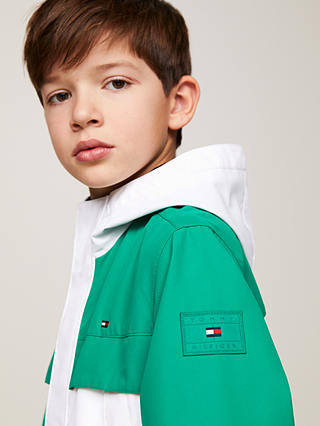 Tommy Hilfiger Kids' Flag Logo Colourblock Hooded Windbreaker Jacket, Olympic Green/White