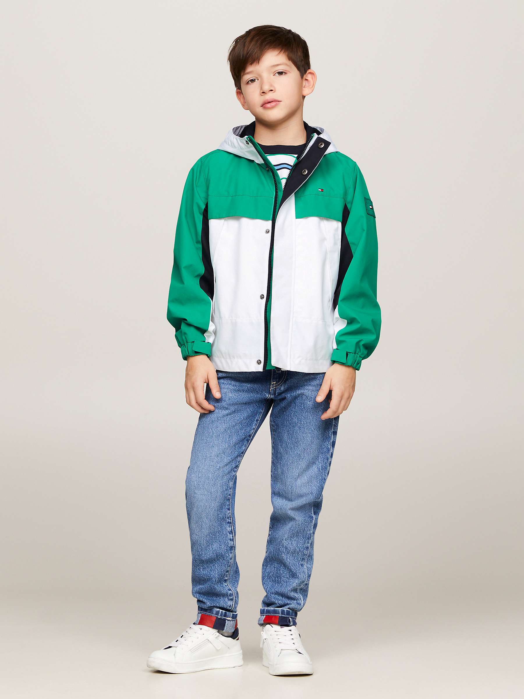 Buy Tommy Hilfiger Kids' Flag Logo Colourblock Hooded Windbreaker Jacket, Olympic Green/White Online at johnlewis.com