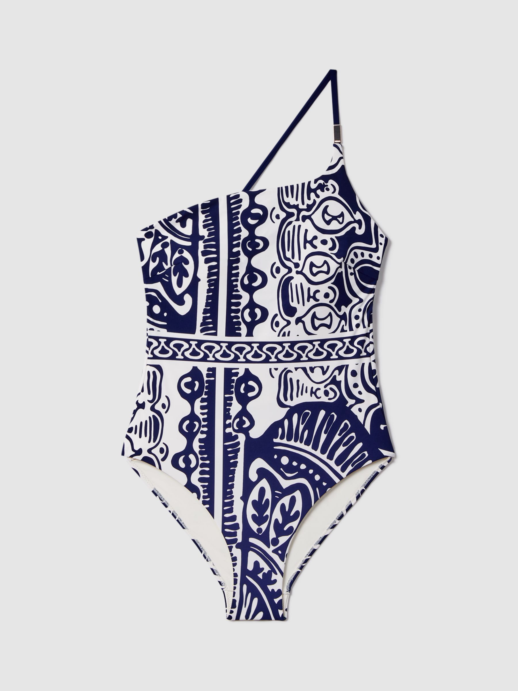 Reiss Olivia Scarf Print Asymmetric Swimsuit, Navy/White, 6