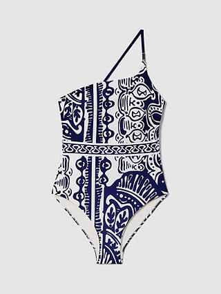 Reiss Olivia Scarf Print Asymmetric Swimsuit, Navy/White