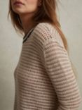 Reiss Astrid Linen Blend Open Stitch Jumper, Neutral/Navy