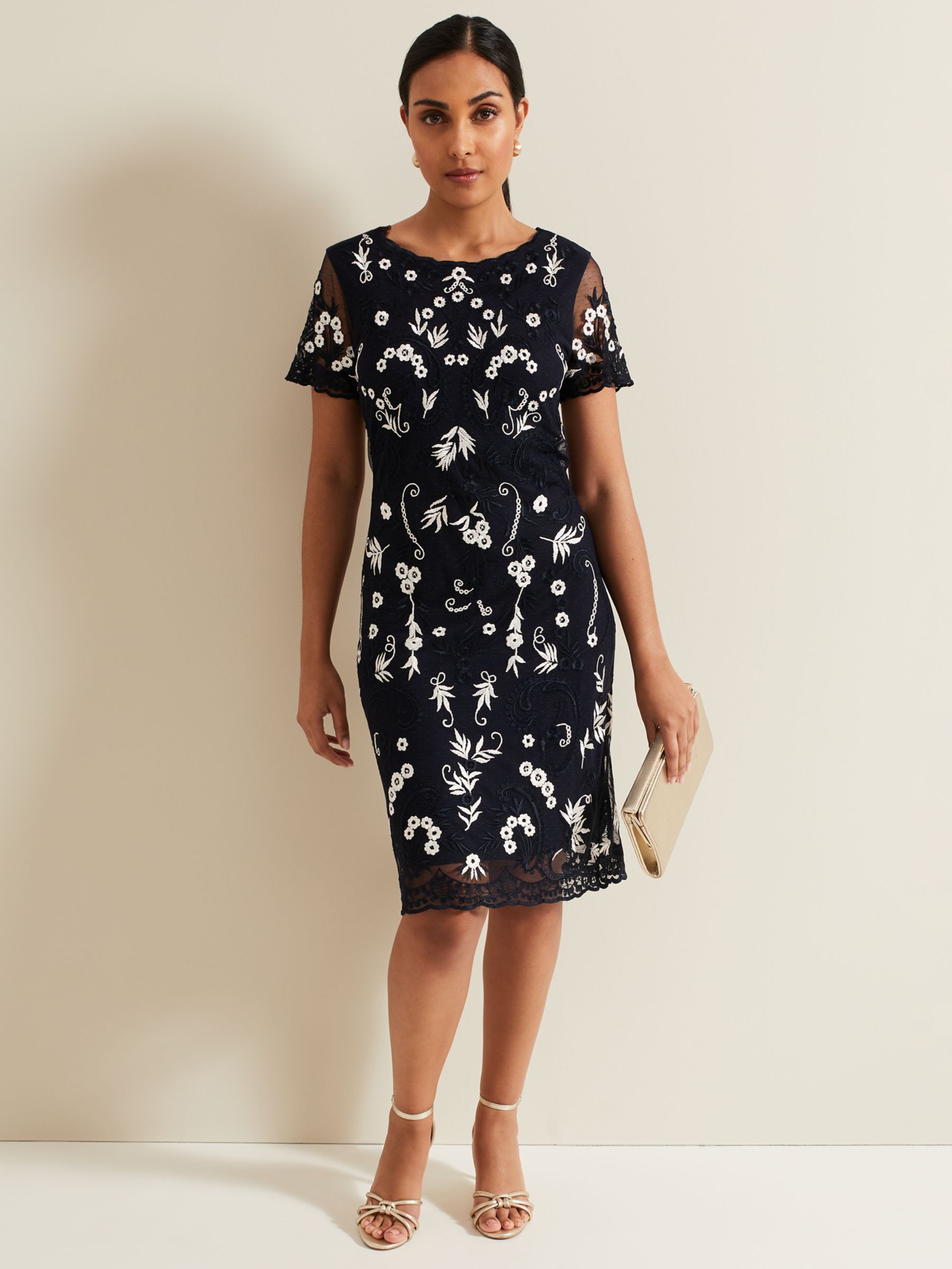 Phase Eight Petite Florisa Floral Embroidered Dress, Navy/White, 6