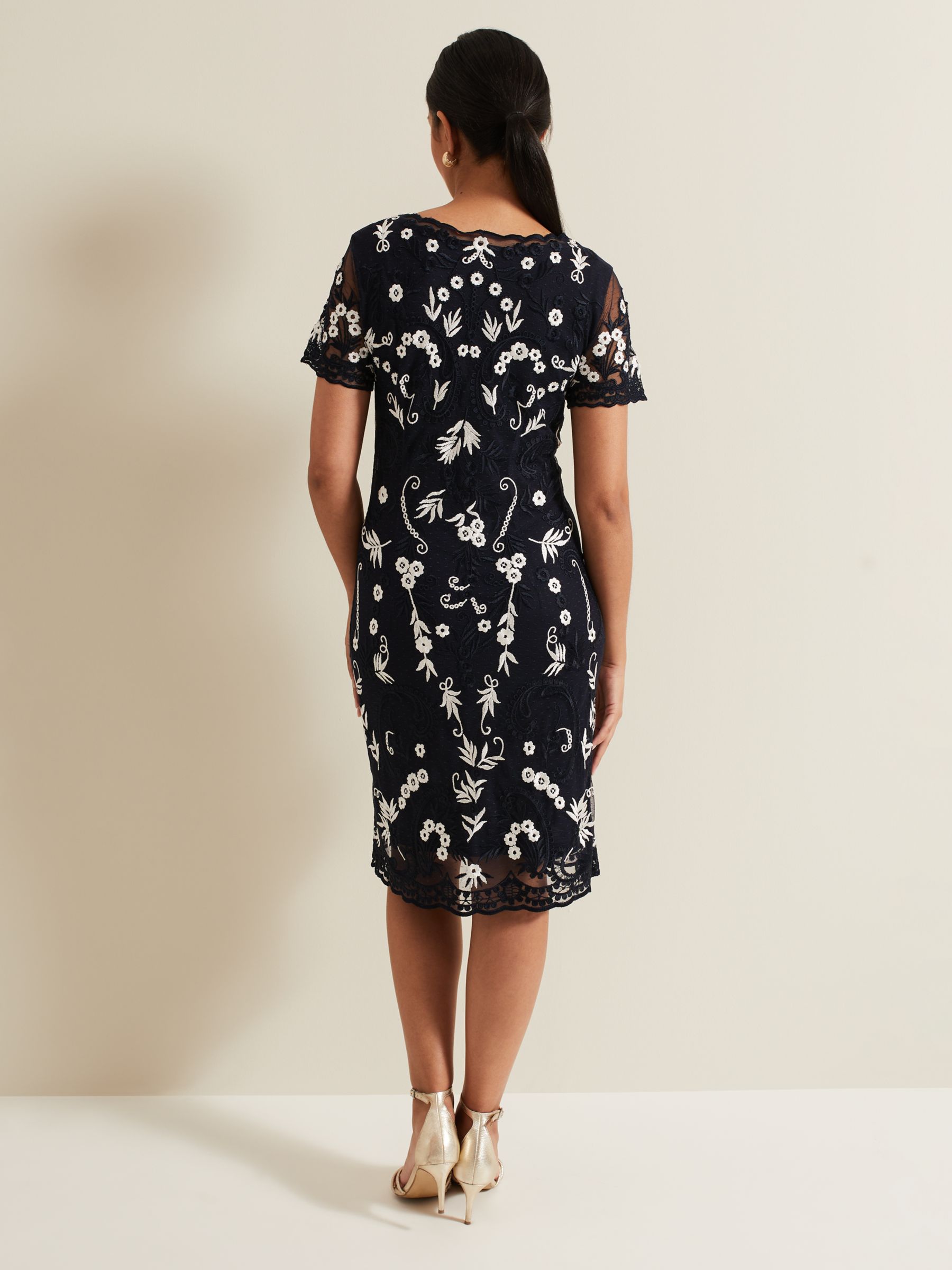 Phase Eight Petite Florisa Floral Embroidered Dress, Navy/White, 6