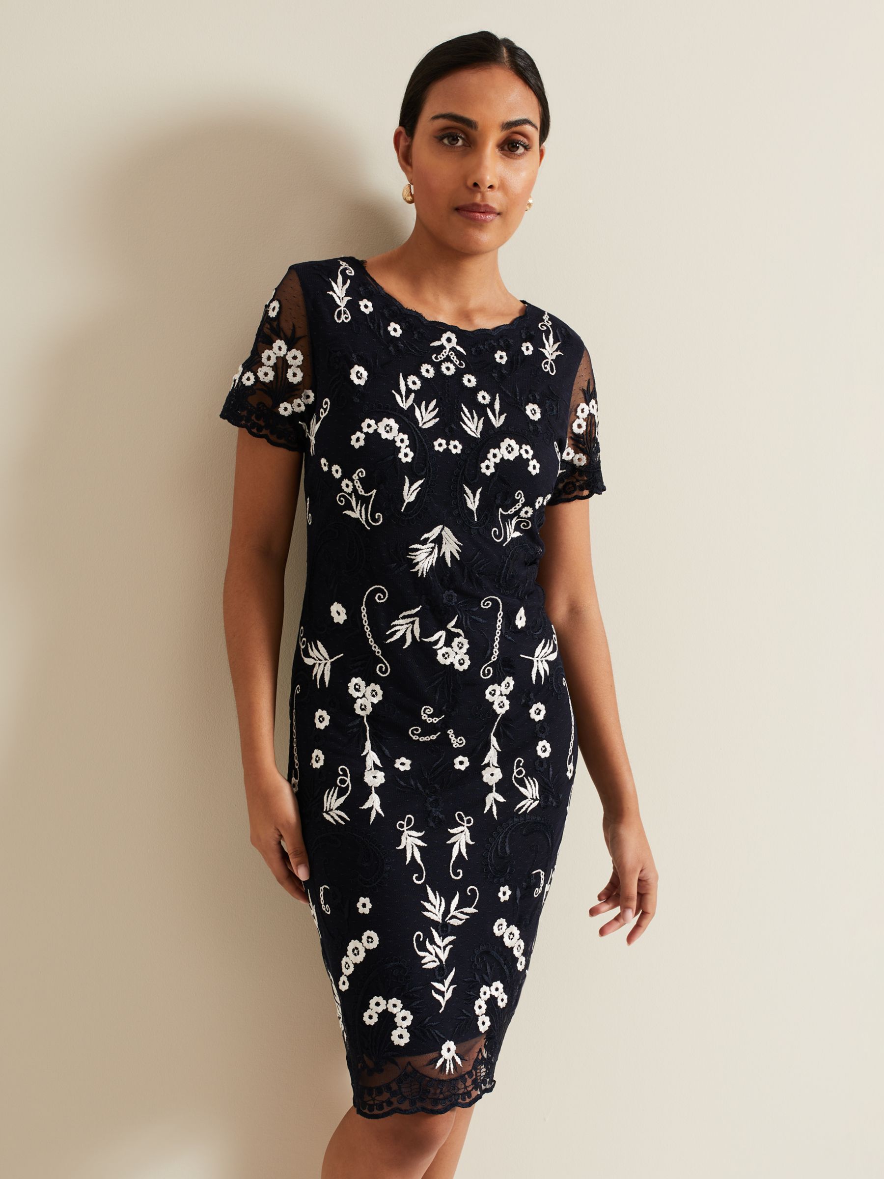 Phase Eight Petite Florisa Floral Embroidered Dress, Navy/White, 6