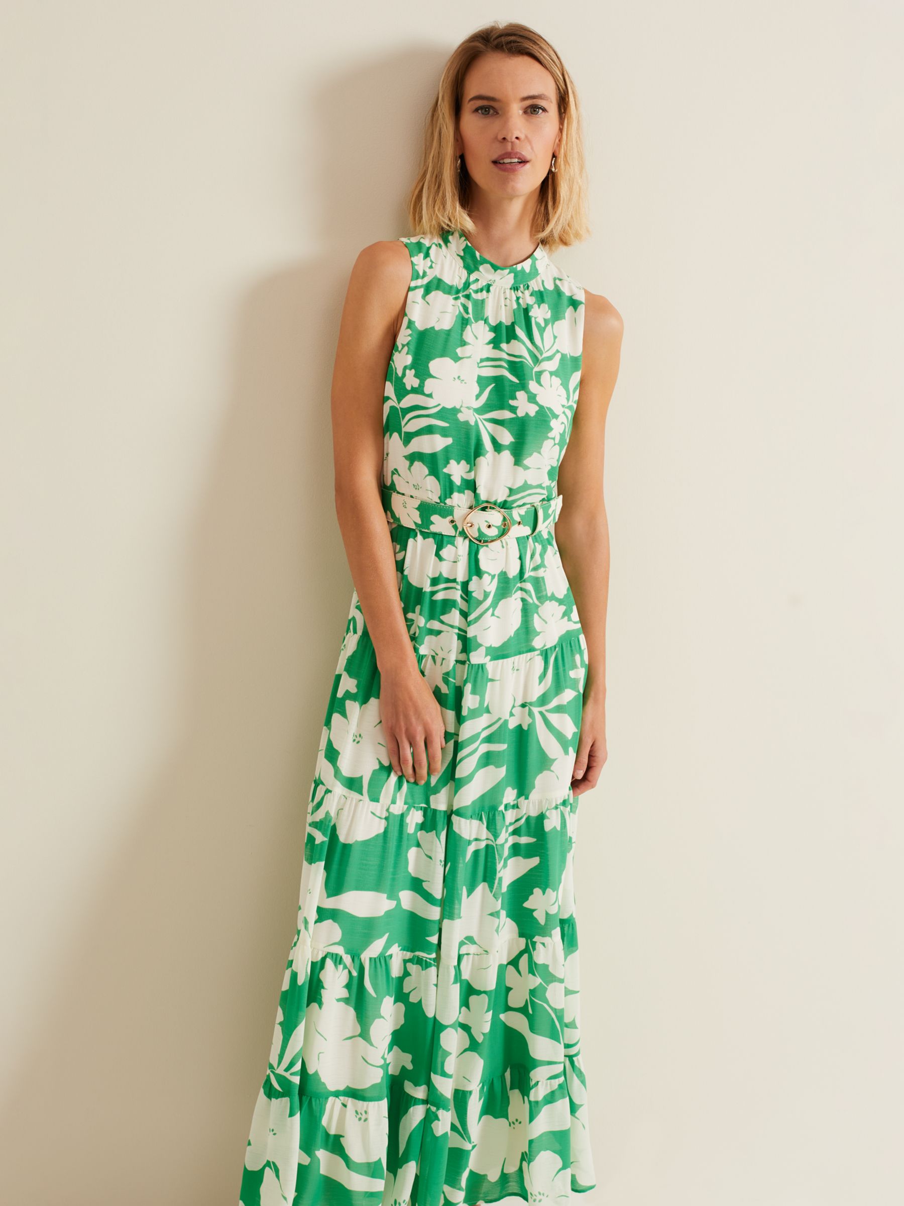 Phase Eight Kara Maxi Tiered Floral Dress, Green/Cream, 6