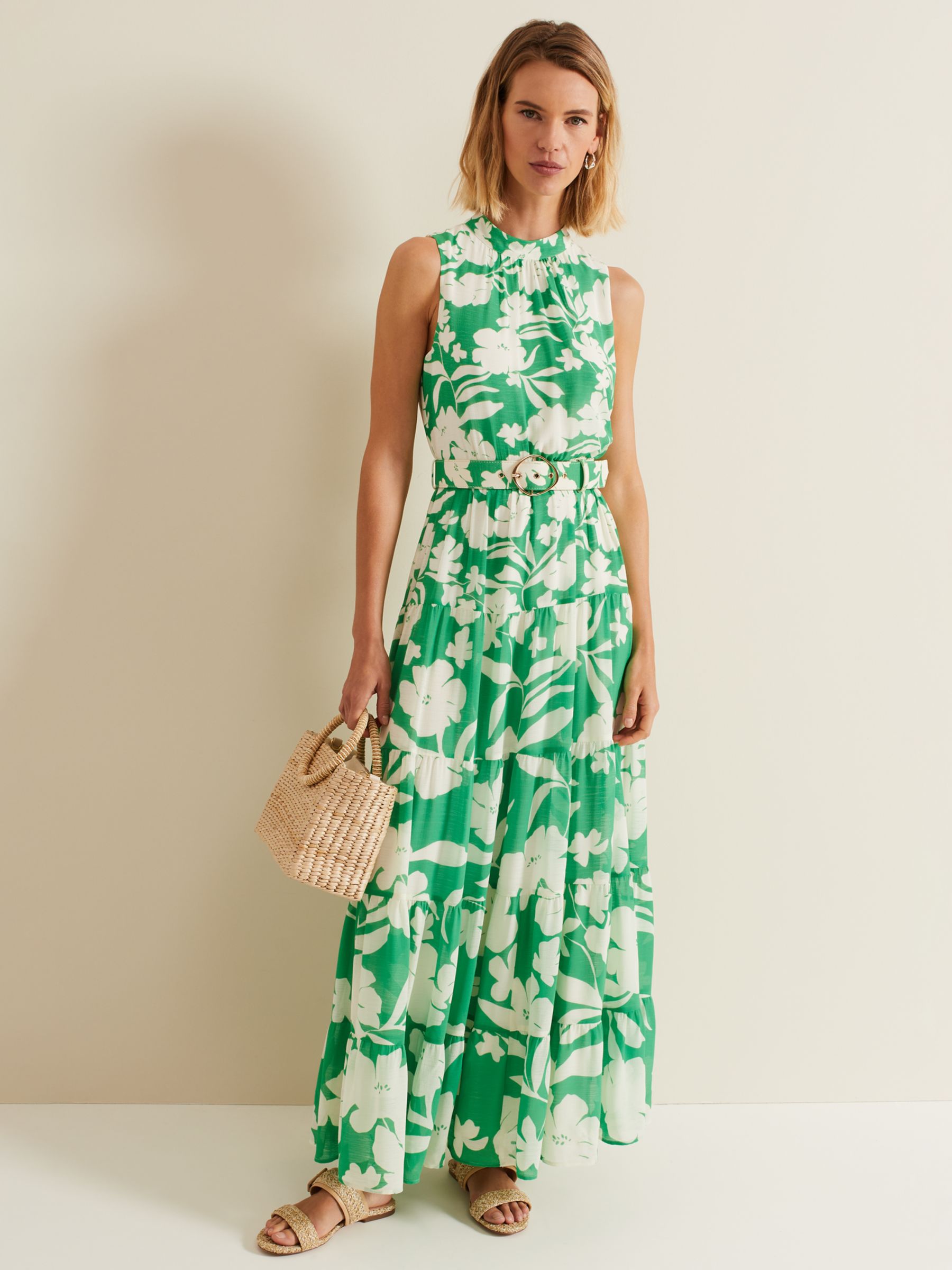 Phase Eight Kara Maxi Tiered Floral Dress, Green/Cream, 6