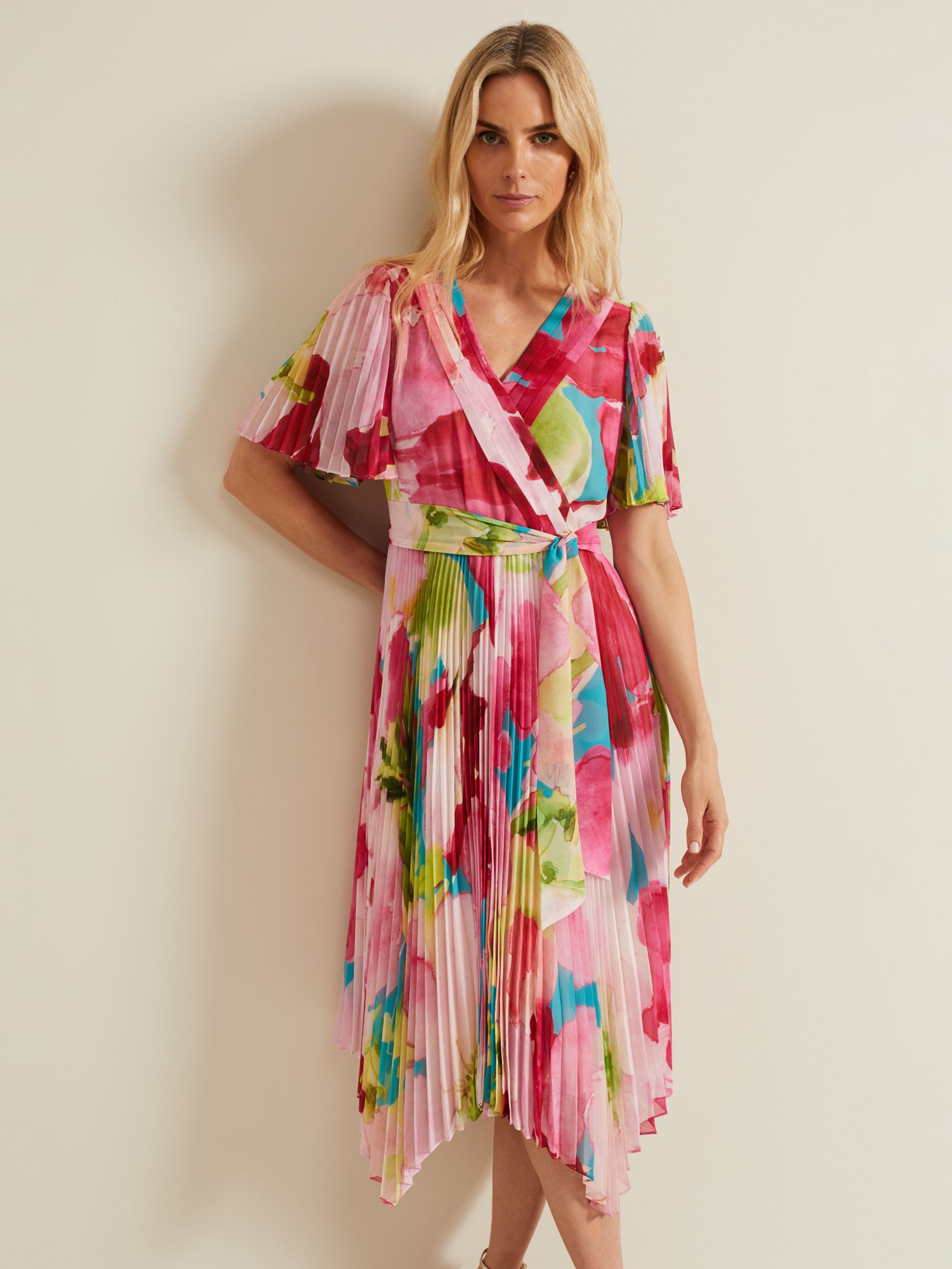 Phase Eight Kendall Hanky Hem Plisse Wrap Midi Dress, Multi, 6