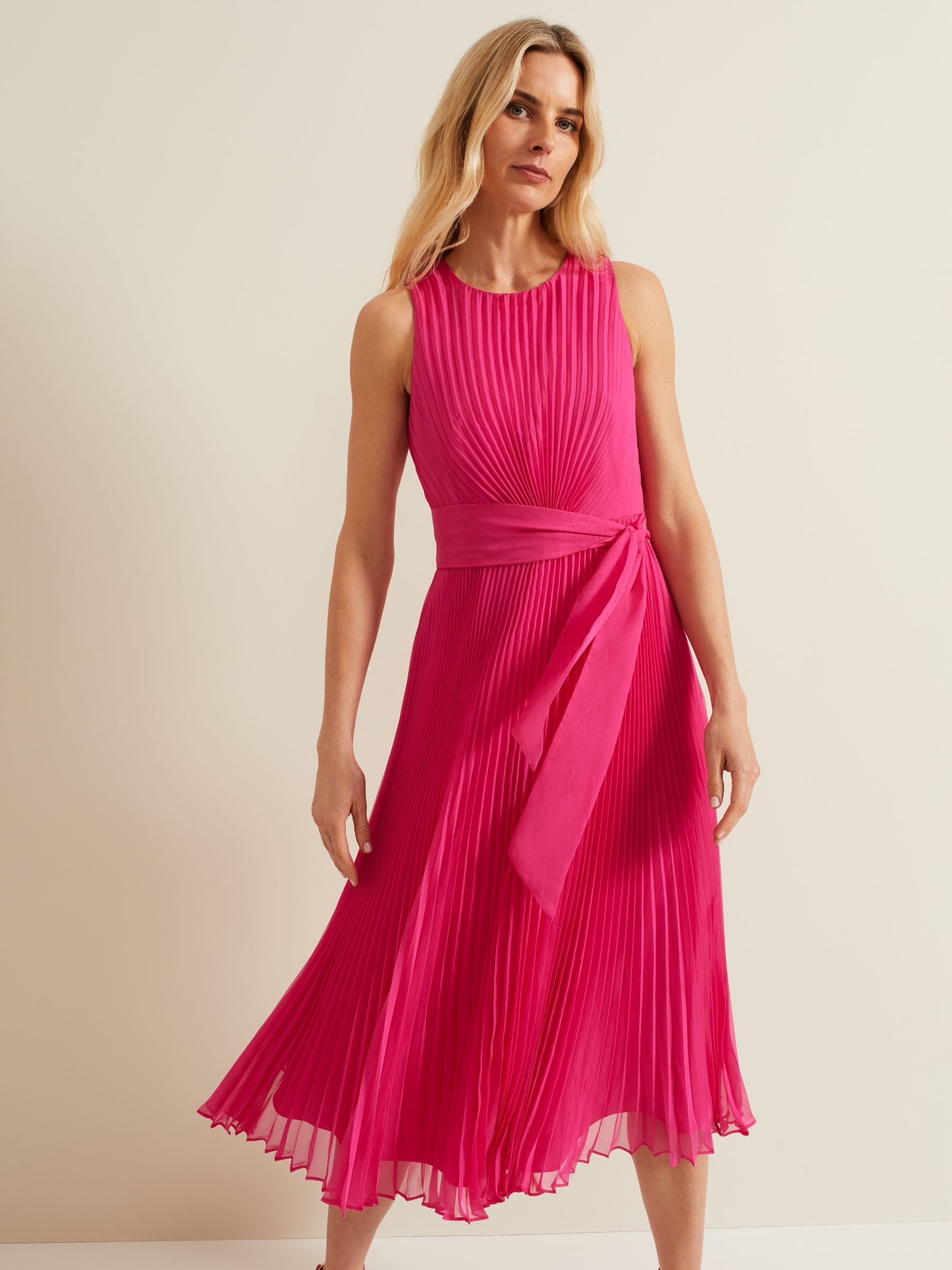 Phase Eight Simara Pleated Midi Dress, Pink, 6