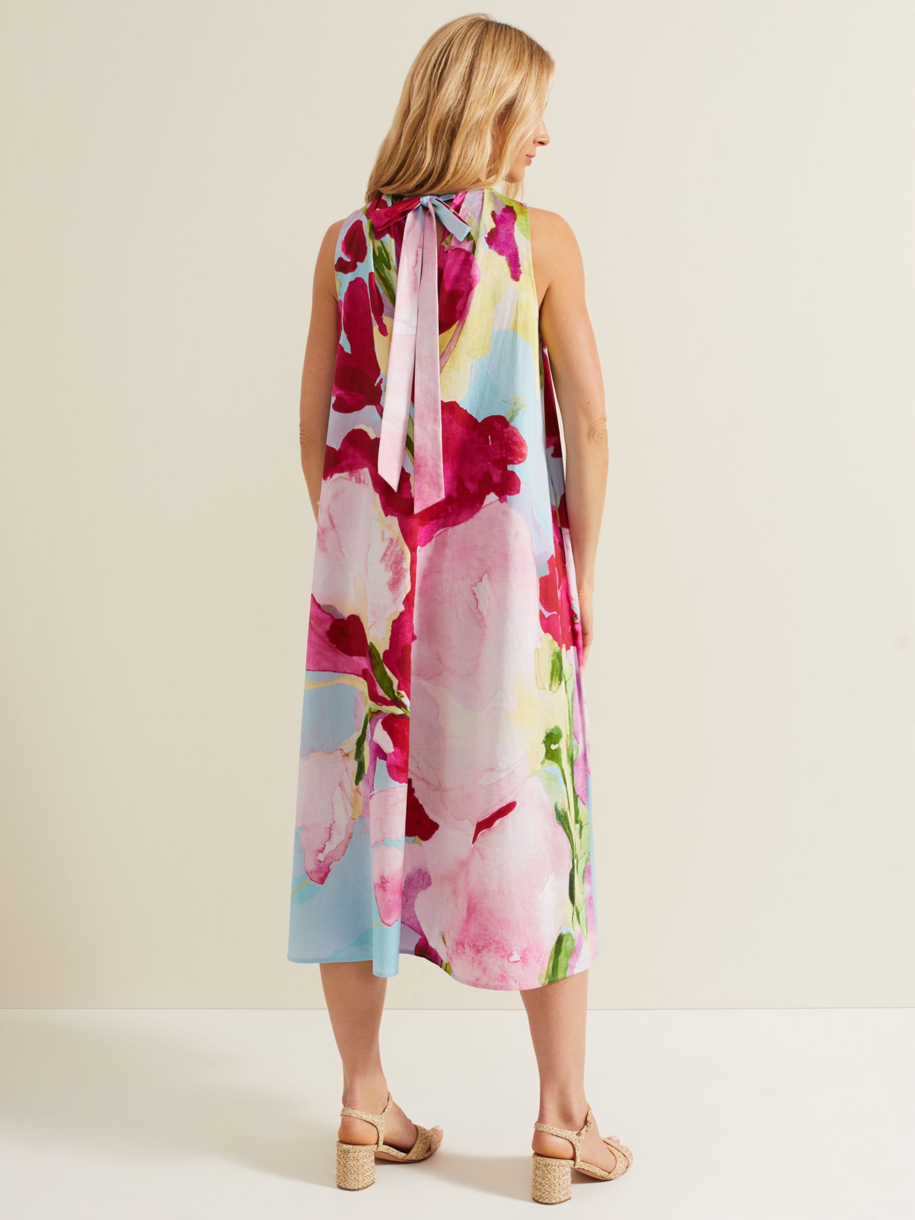 Phase Eight Leila Cotton Floral Midi Dress, Pink/Multi, 6