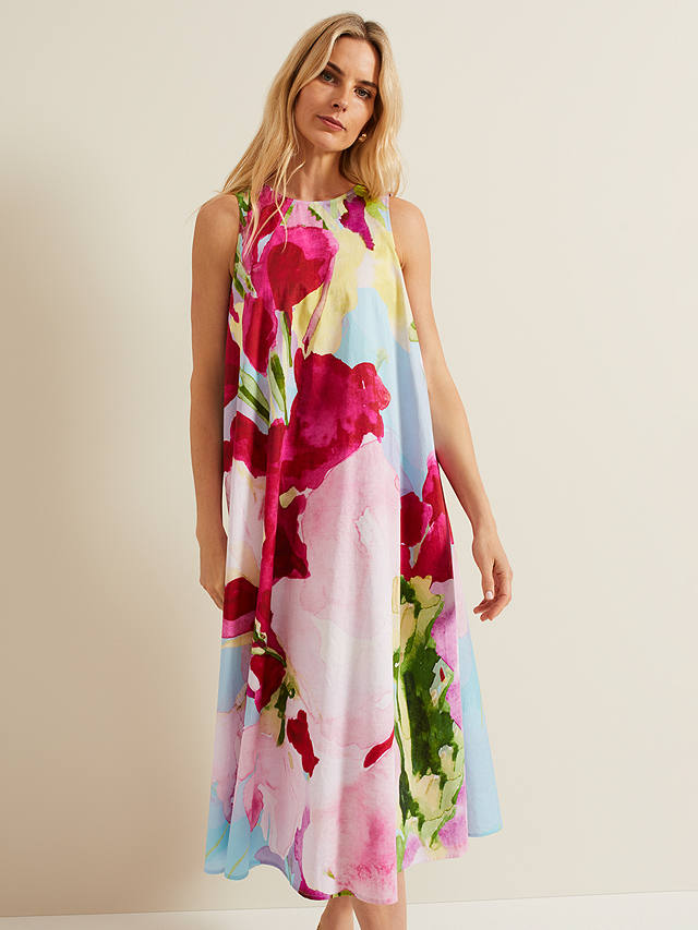 Phase Eight Leila Cotton Floral Midi Dress, Pink/Multi