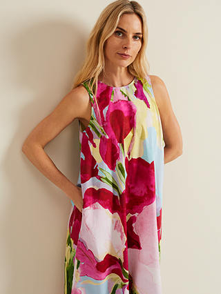 Phase Eight Leila Cotton Floral Midi Dress, Pink/Multi
