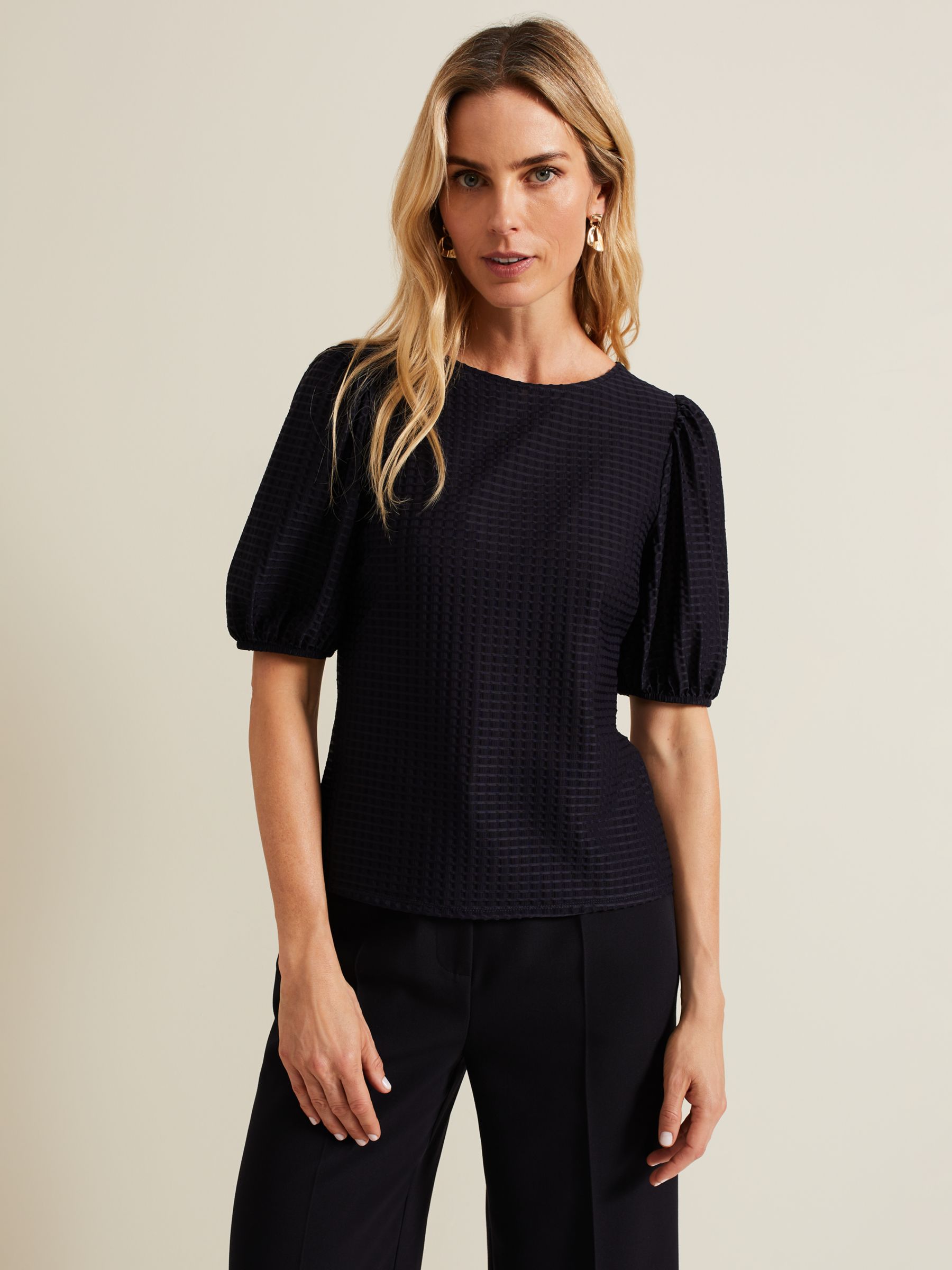 Phase Eight Adley Texture Bubble Sleeve Top, Navy, 8