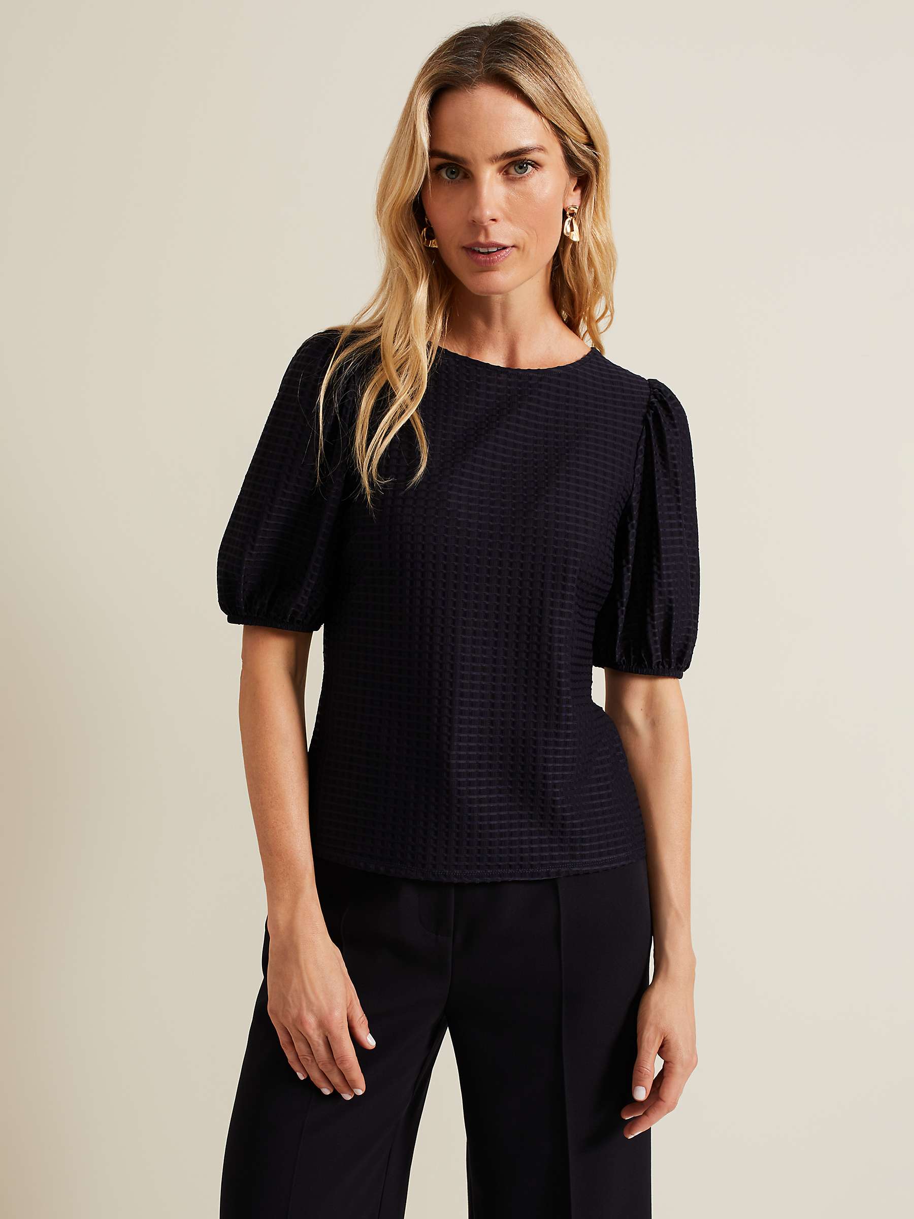 Buy Phase Eight Adley Texture Bubble Sleeve Top, Navy Online at johnlewis.com