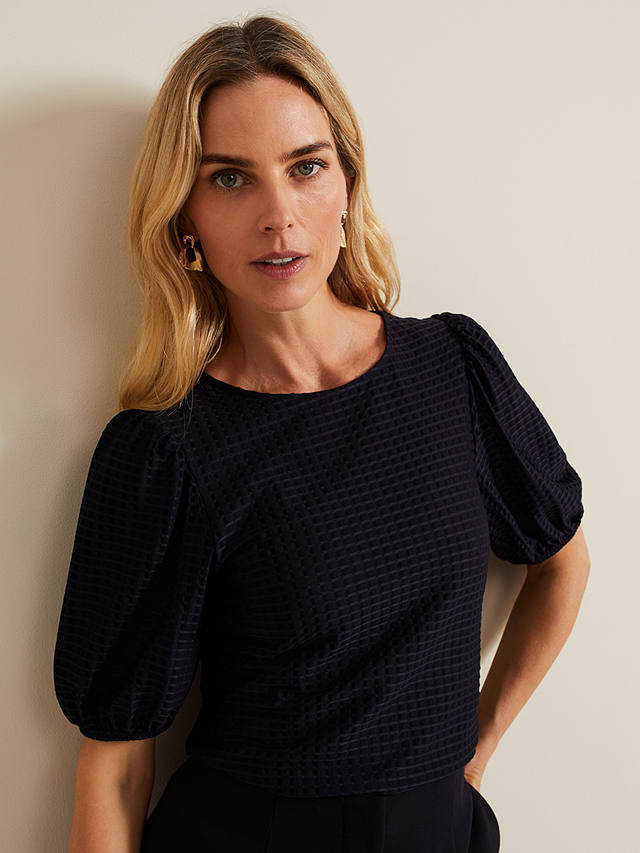 Phase Eight Adley Texture Bubble Sleeve Top, Navy