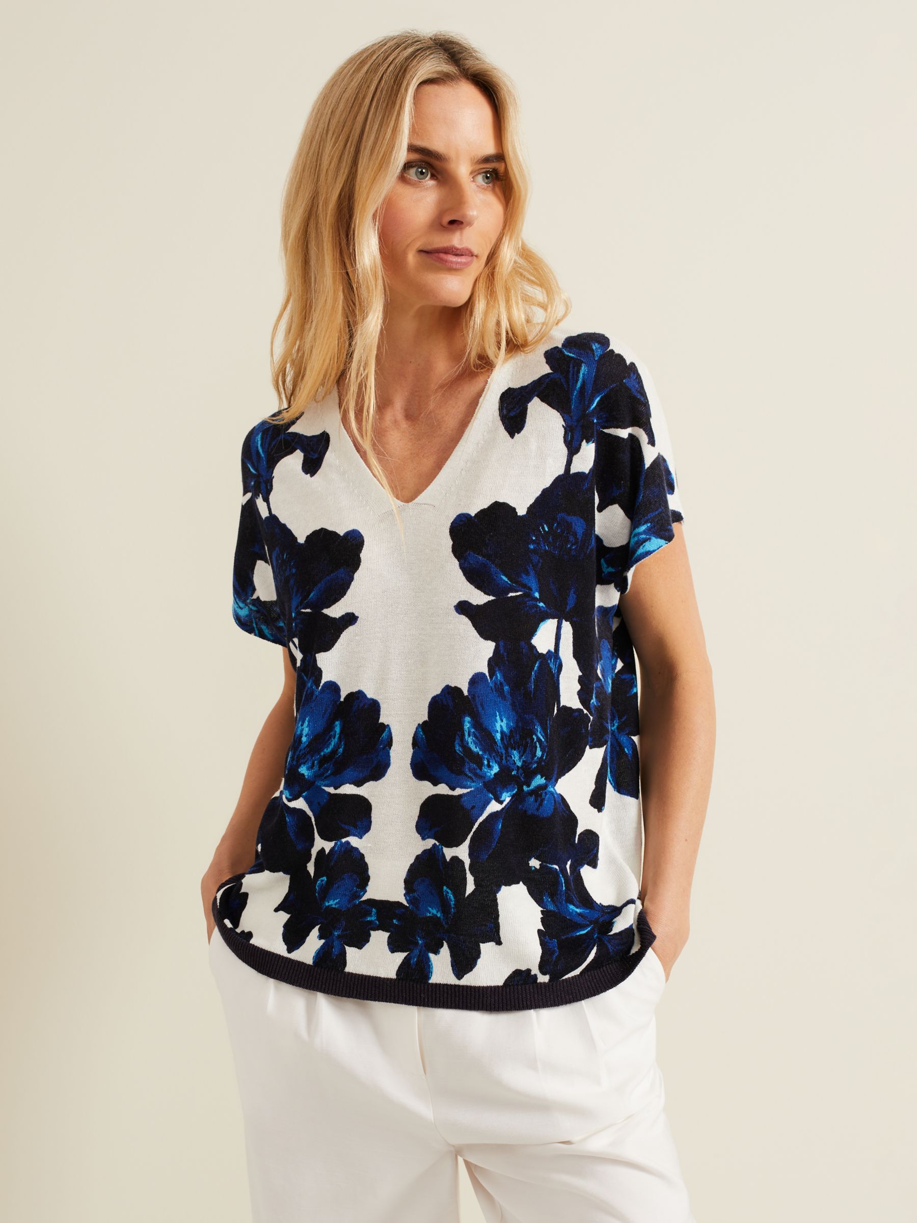 Phase Eight Mia Floral Linen Blend Top, Navy/Ivory, L