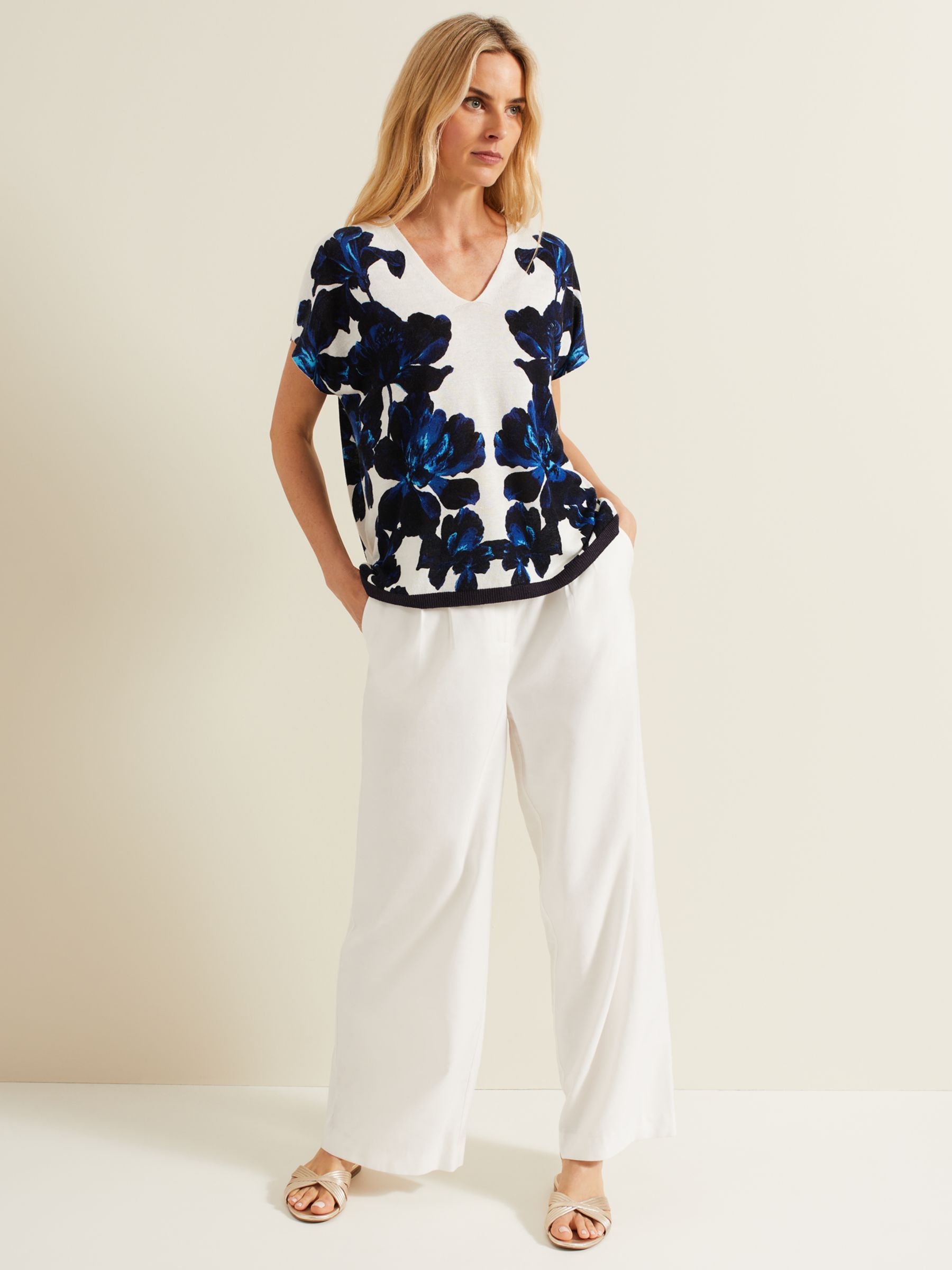 Phase Eight Mia Floral Linen Blend Top, Navy/Ivory, L