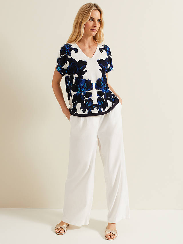 Phase Eight Mia Floral Linen Blend Top, Navy/Ivory