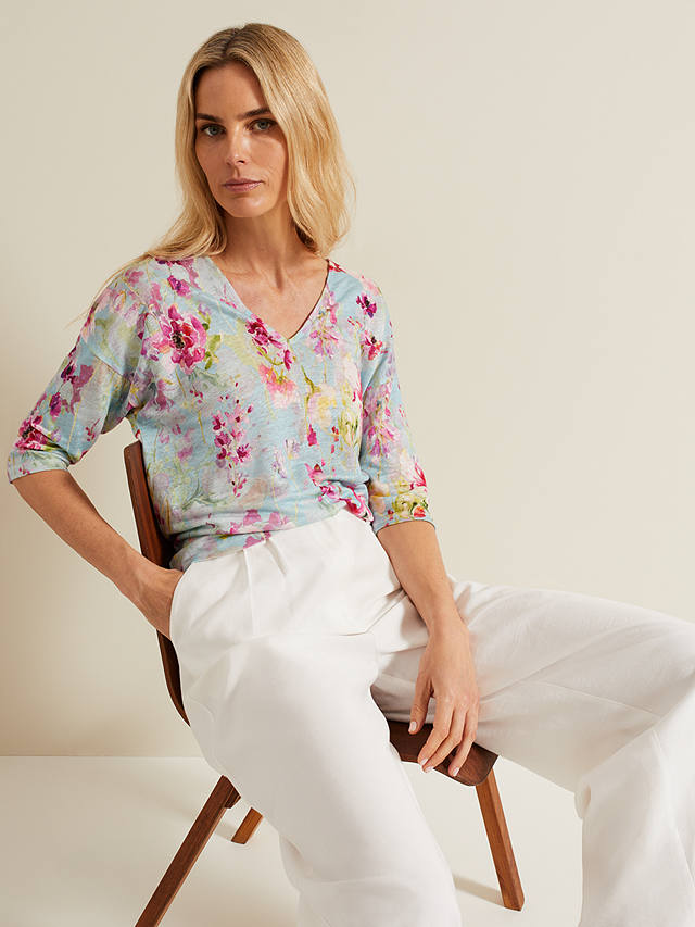 Phase Eight Flossie Floral Print Linen Top, Multi