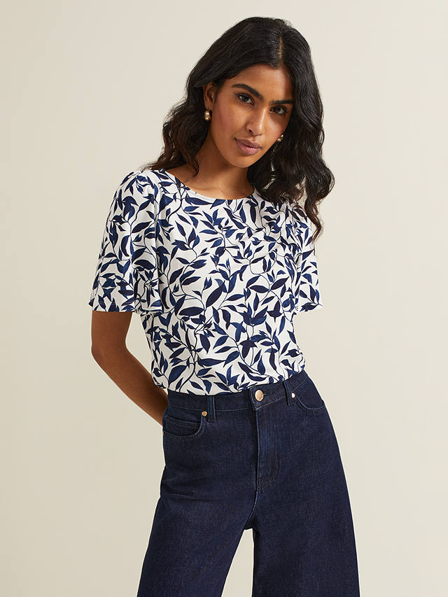 Phase Eight Nayana Leaf Print Top, Navy/White