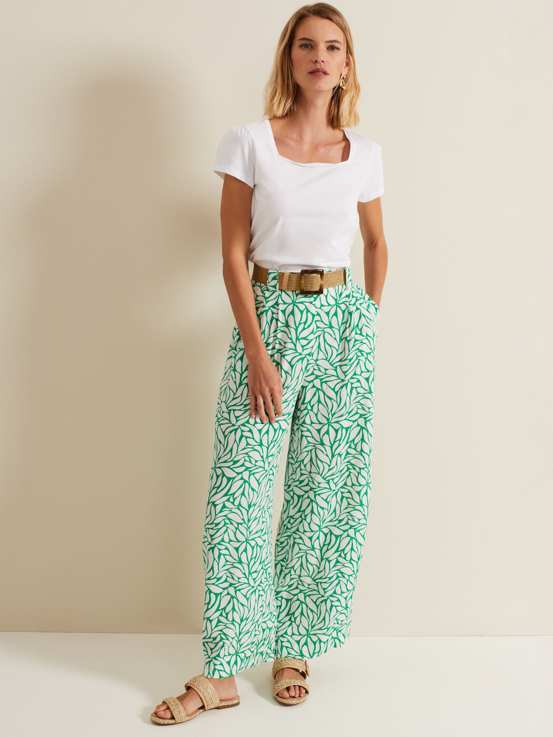 Phase Eight Nylah Abstract Print Wide Leg Trousers, Green/White, 8