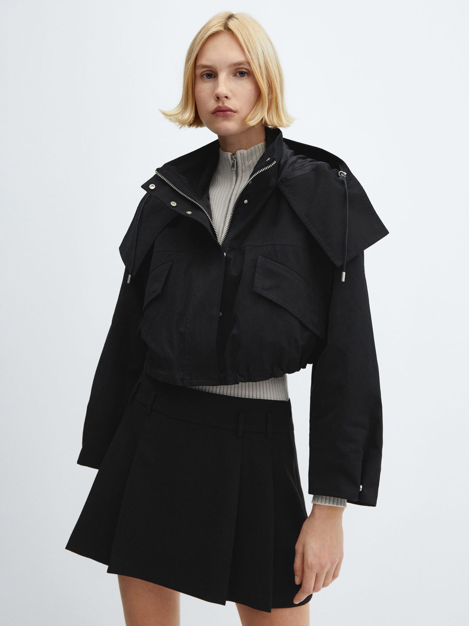 Mango Jalisco Cropped Hooded Parka, Black, L