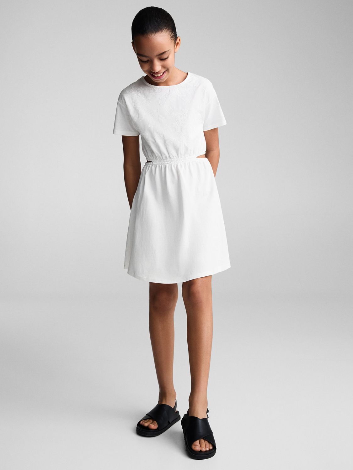 Mango Kids' Ona Floral Etched Cut Out Dress, Natural White, 11-12 years
