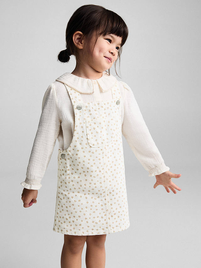 Mango Kids' Lucia Floral Print Dungaree Knee Length Dress, White/Multi
