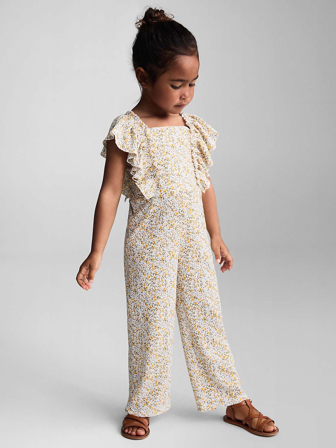 Buy Mango Kids' Isla Floral Print Ruffle Sleeve Jumpsuit, Natural White/Multi Online at johnlewis.com