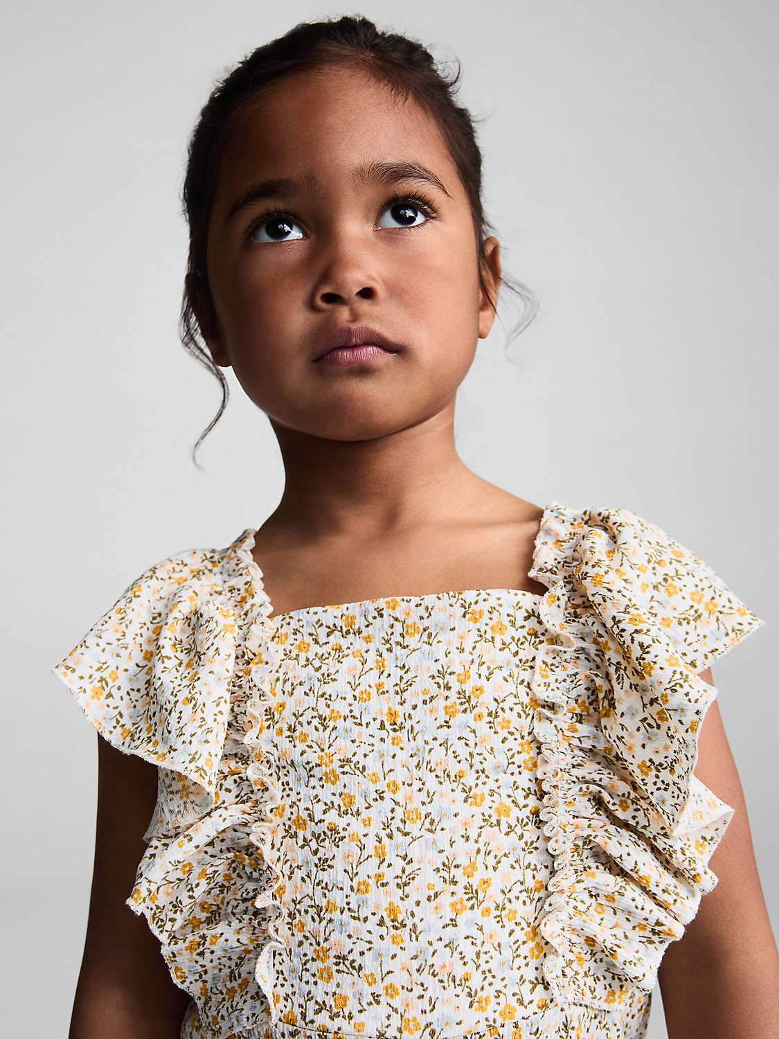 Buy Mango Kids' Isla Floral Print Ruffle Sleeve Jumpsuit, Natural White/Multi Online at johnlewis.com
