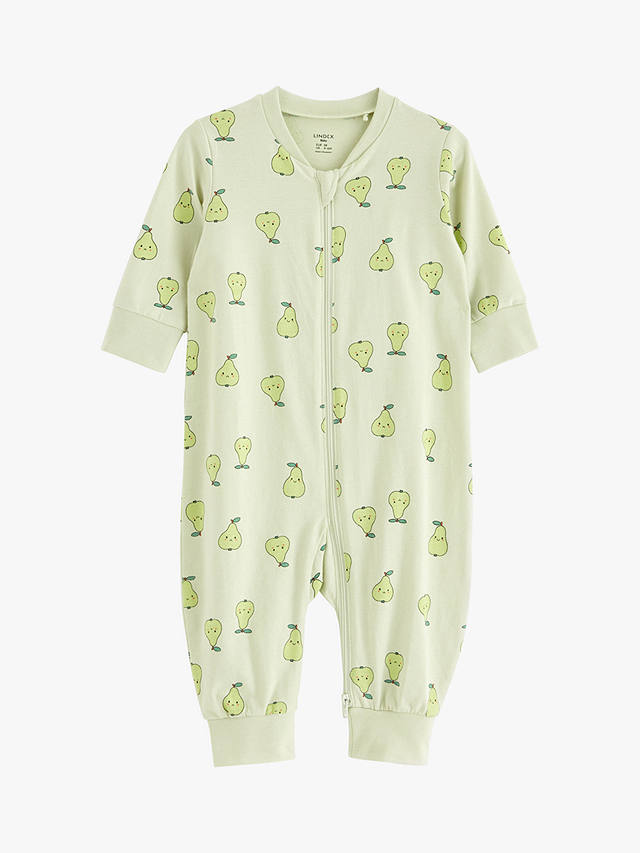 Lindex Baby Organic Cotton Pear Print All-in-One Pyjamas, Light Dusty Green